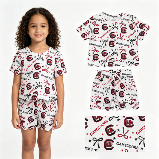 GSSO3641 Teams Gamecocks Star & Bows Scallop Edge Shorts Girls Summer Clothes Set