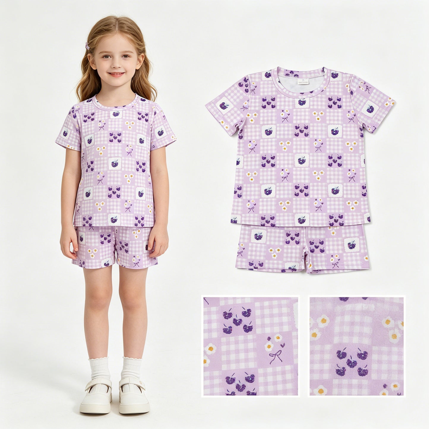 GSSO3647 Small Flowers Purple Plaid Print Girls Summer Clothes Set