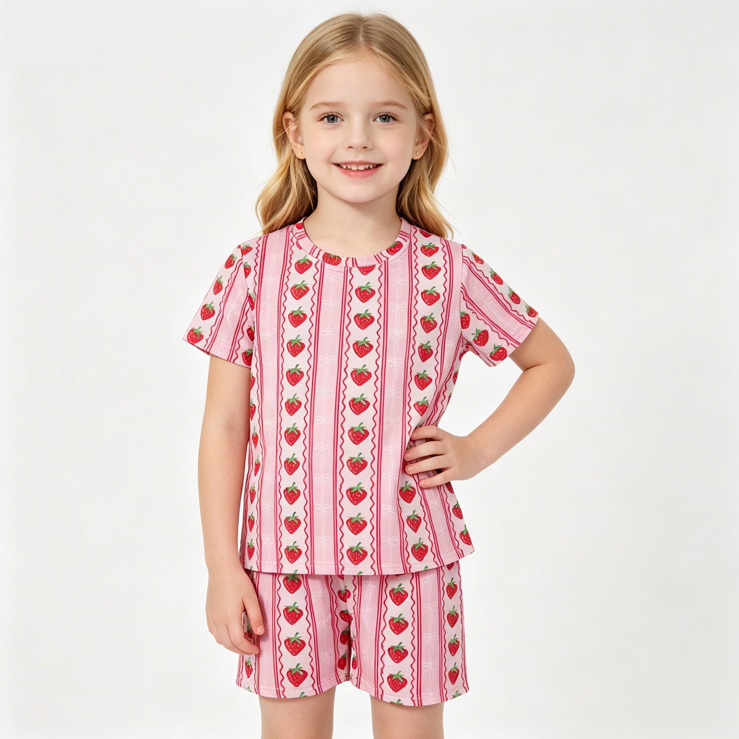 Baby Girls Pink Bows Strawberry Stripe Top Short Clothes Set