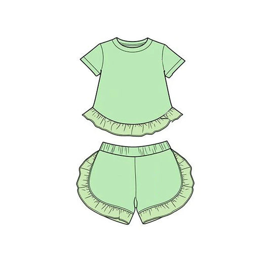 3.26 Baby Girls Green Short Sleeve Shirt Top Ruffle Short Clothes Set Preorder