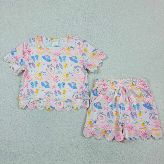 Girls’ Pink Scallop Short Sleeve Top & Shorts Set – Fruit Basket, Anchors & Summer Print