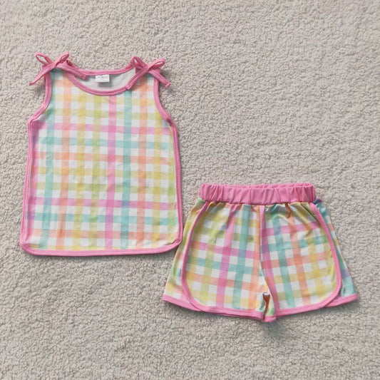 GSSO3659 Colorful Checkerd Sleeveless Top Shorts Girls Summer Clothes Set