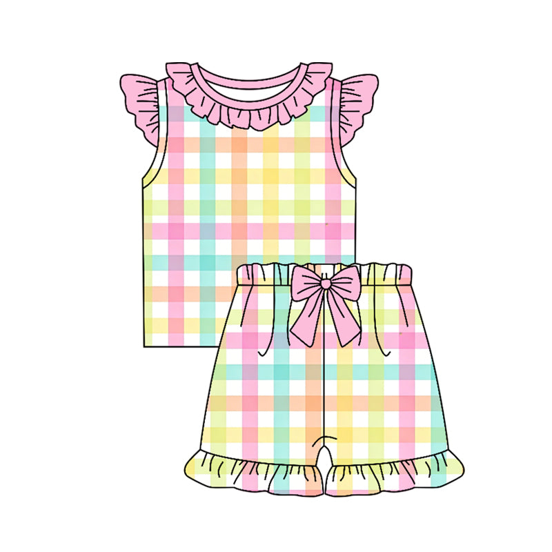 3.28 Kids Colorful Plaid Trim Flutter Sleeve T-Shirt & Shorts Set Preorder