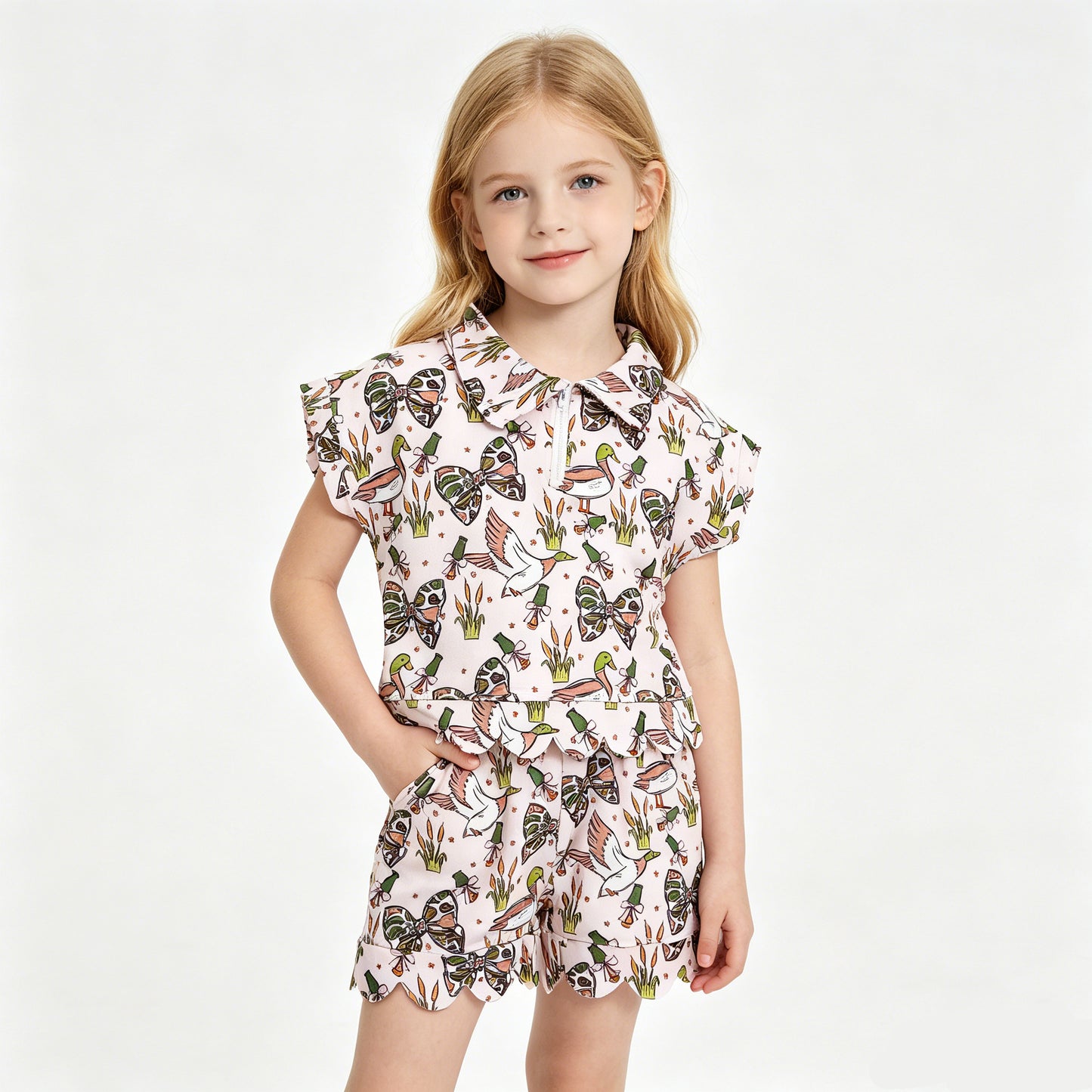 GSSO3669 Duck & Bow Print Zip Pullover Top Pockets Shorts Girls Summer Casual Outfits