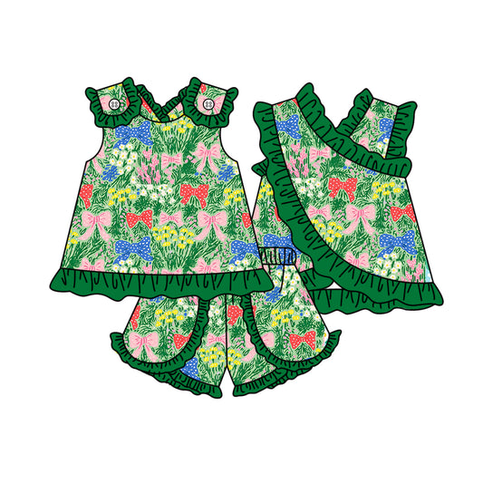 3.30 Toddler Girls Green Bow & Floral Print Ruffle Outfit Set - Sleeveless Top & Shorts Set Preorder