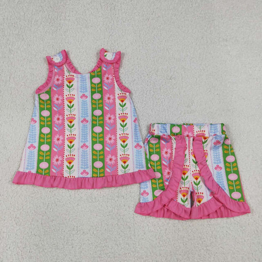 GSSO3676 Flowers Backless Button Top Ruffle Shorts Girls Summer Clothes Set