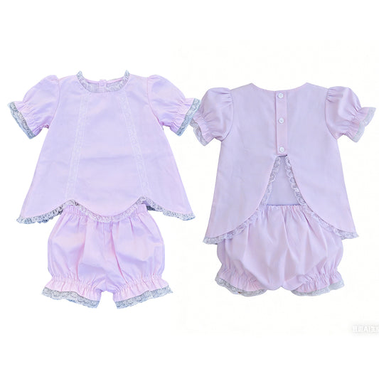 3.30 oddler Girls Lavender Lace Trim 2-Piece Outfit | Puff Sleeve Top & Bloomer Shorts Set