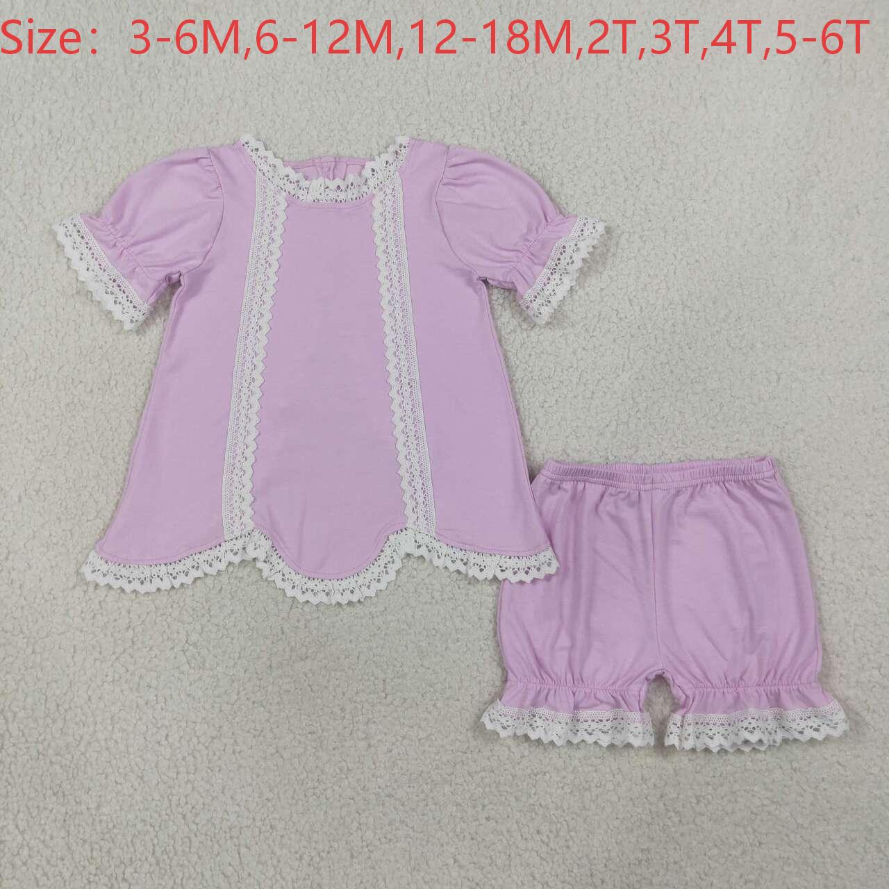 GSSO3681 Lavender Cotton Lace Trim 2-Piece Outfits | Puff Sleeve Backless Top & Bloomer Shorts Baby Girls Summer Clothes Set