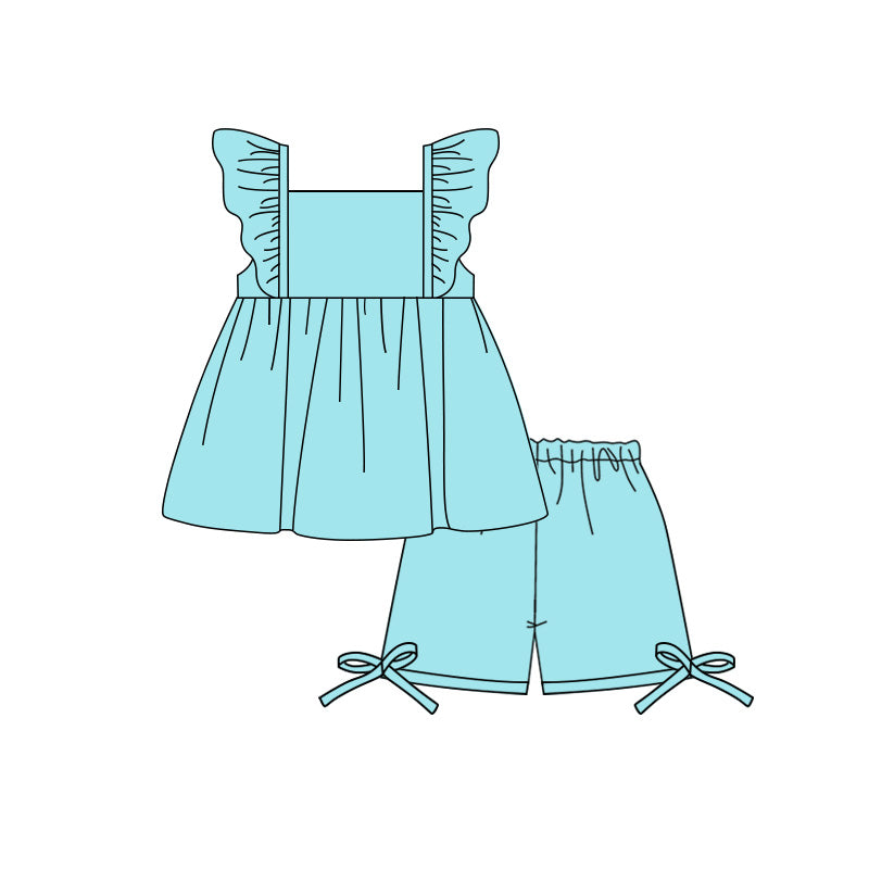 4.2 Toddler Girl  Aqua Flutter Sleeve Top with Shorts Outfit Preorder