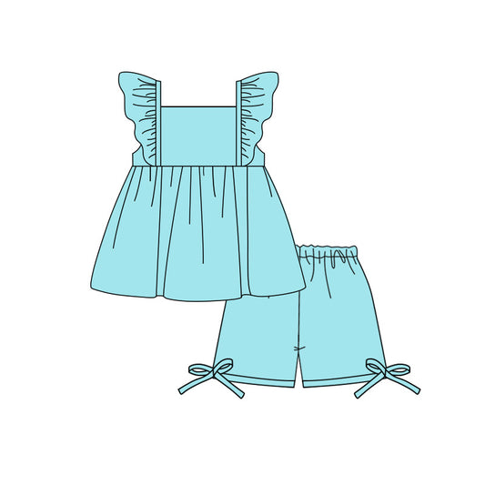 4.2 Toddler Girl  Aqua Flutter Sleeve Top with Shorts Outfit Preorder