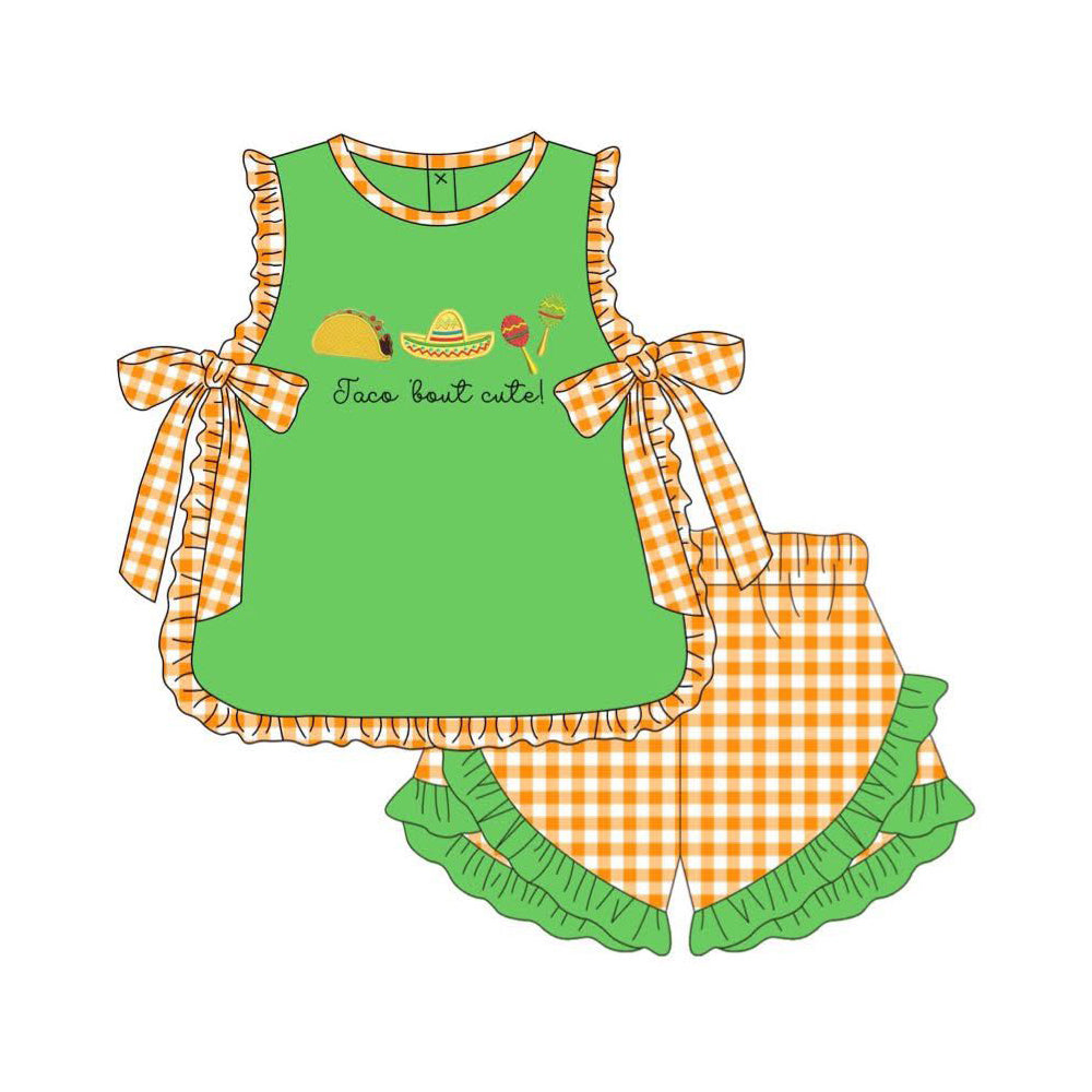4.2 Toddler Girl Taco Bout Cute  Outfit, Green Mexican Fiesta Short Set Preorder