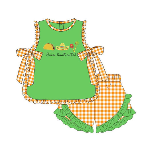 4.2 Toddler Girl Taco Bout Cute  Outfit, Green Mexican Fiesta Short Set Preorder