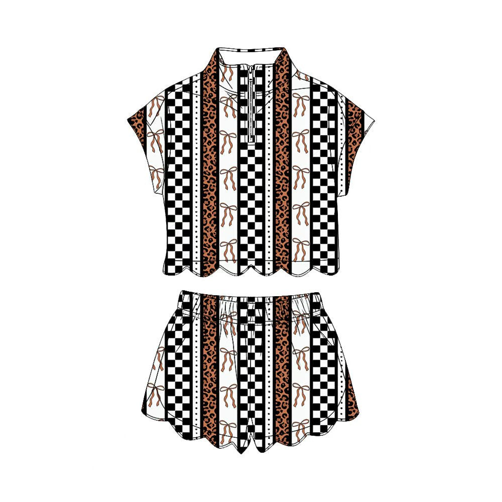 4.3 Toddler Girls Leopard Checkerboard Bow Print Two Piece Set, Scalloped Hem Zip Top & Shorts Outfit Preorder