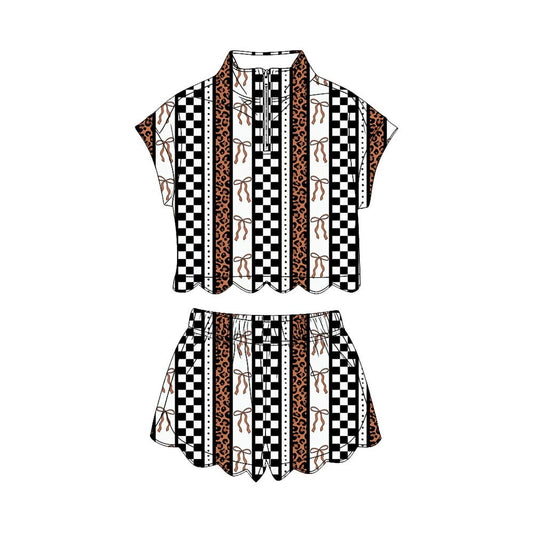 4.3 Toddler Girls Leopard Checkerboard Bow Print Two Piece Set, Scalloped Hem Zip Top & Shorts Outfit Preorder