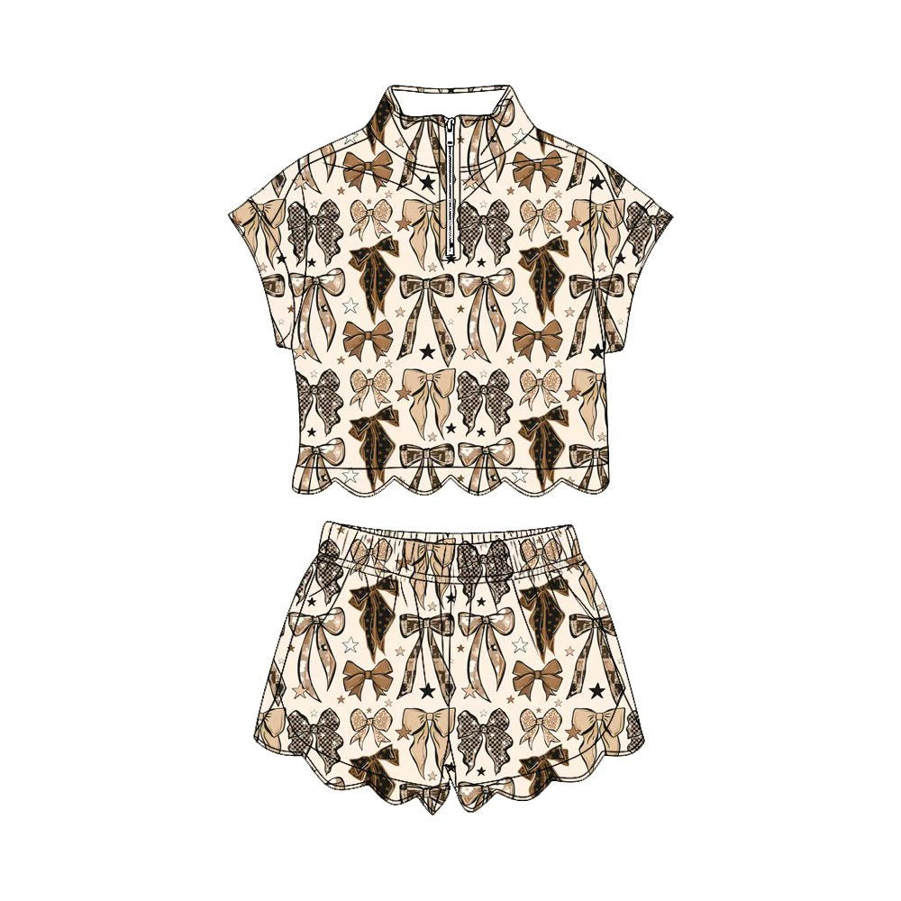 4.3 Toddler Girls  Bow Print Two Piece Set, Scalloped Hem Zip Top & Shorts Outfit Preorder