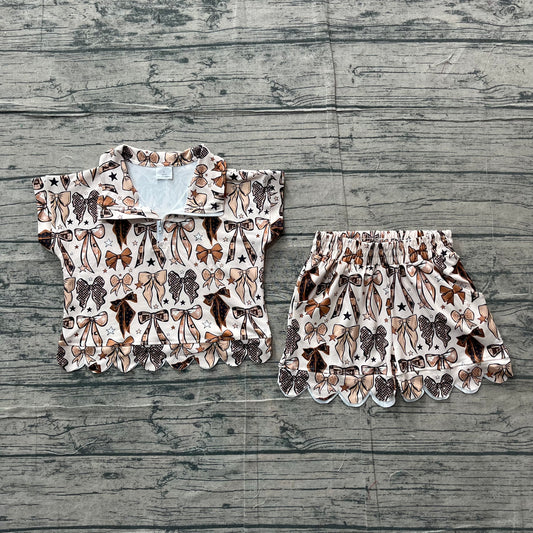 4.3 Toddler Girls  Bow Print Two Piece Set, Scalloped Hem Zip Top & Shorts Outfit Preorder