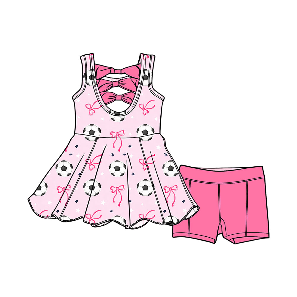 4.6 Girls Pink Soccer Print 2-Piece Outfit, Kids Bow Back Tunic with Shorts Preorder
