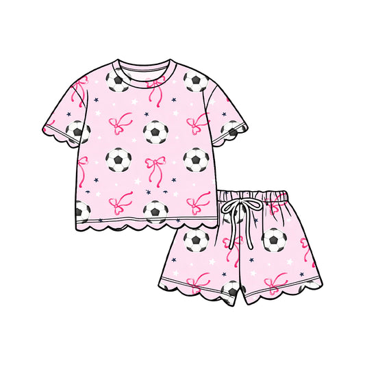 4.6 Girls Pink Soccer Bow Print Summer Scalloped Shorts Outfit
