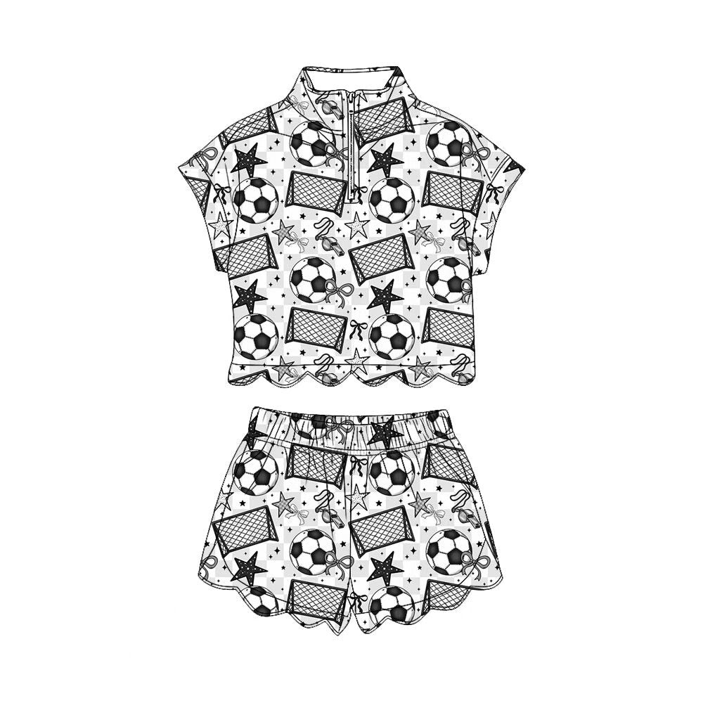 4.6 Girls  Soccer Bow Print  Short Sleeve Pullover Top with Shorts Outfit Preorder