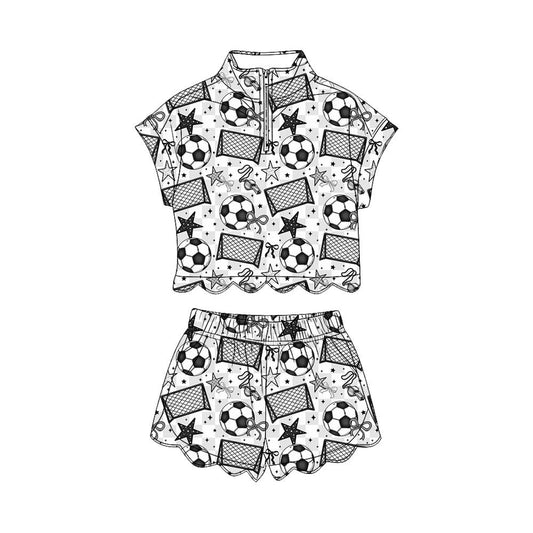 4.6 Girls  Soccer Bow Print  Short Sleeve Pullover Top with Shorts Outfit Preorder