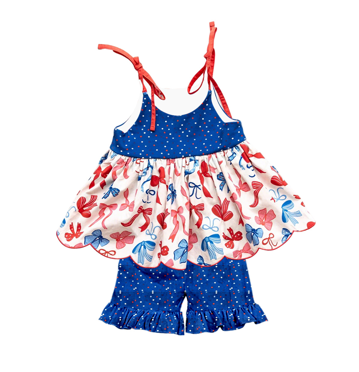 4.6 4th of July Girls Outfit, Red White Blue Bow Print Swing Top & Polka Dot Shorts Set Preorder