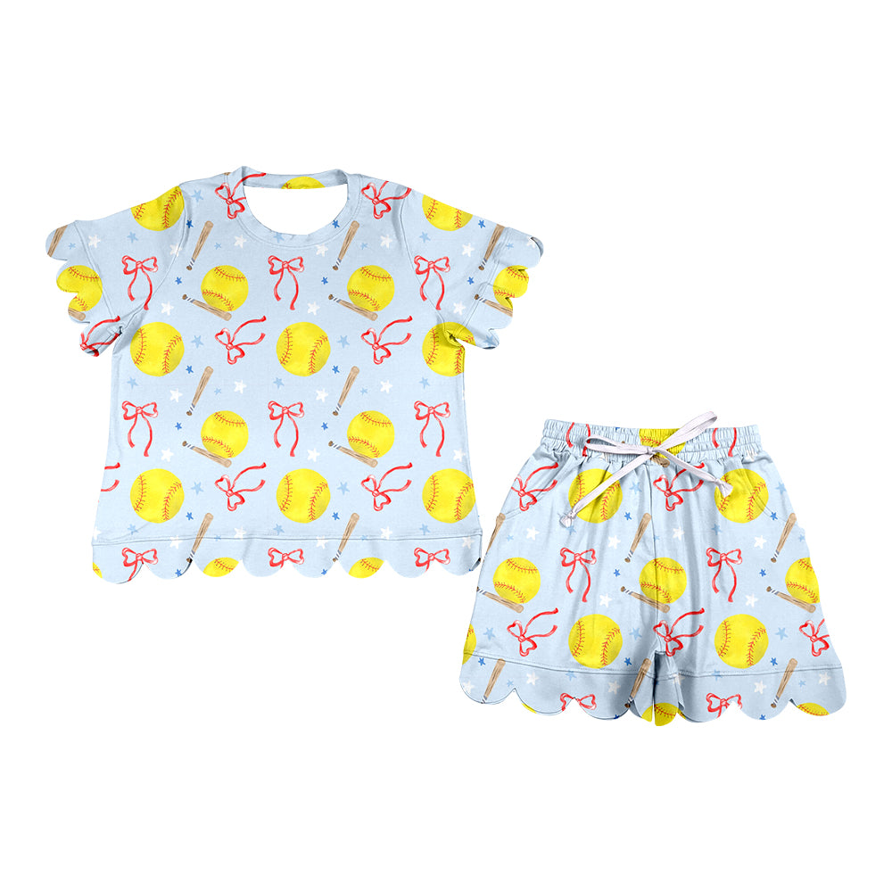 4.6 Women Softball Bow Print 2-Piece Summer Scalloped Outfit Preorder