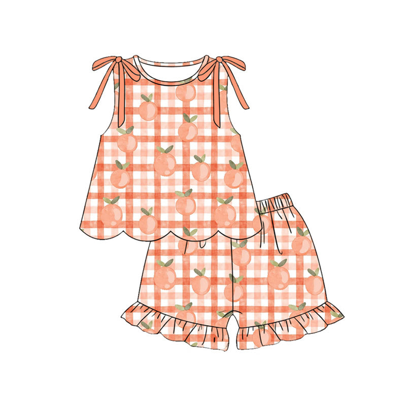 4.7 GSSO3708 Preorder Peach Plaid Scallop Top Shorts Girls Summer Clothes Set