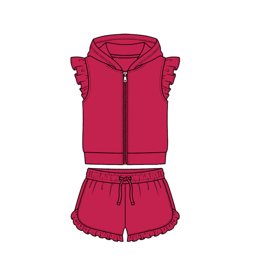 4.7 Red Solid Color Flutter Sleeve Hoodie Top with Shorts Outfit Preorder