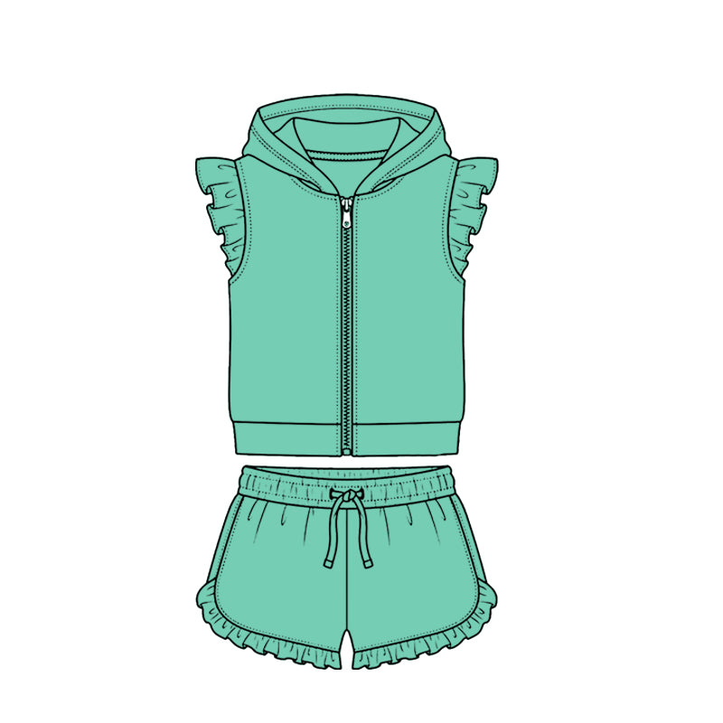 4.7 Mint Green Solid Color Flutter Sleeve Hoodie Top with Shorts Outfit Preorder