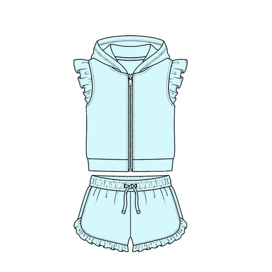 4.7 Light Green Solid Color Flutter Sleeve Hoodie Top with Shorts Outfit Preorder