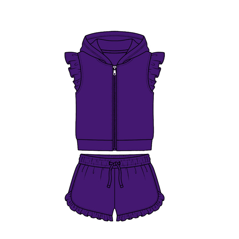 4.7 Purple Solid Color Flutter Sleeve Hoodie Top with Shorts Outfit Preorder