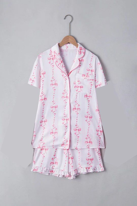 4.7 GSSO3726 Preorder Pink Bows Button Top Ruffle Shorts Girls Summer Pajamas Clothes Set