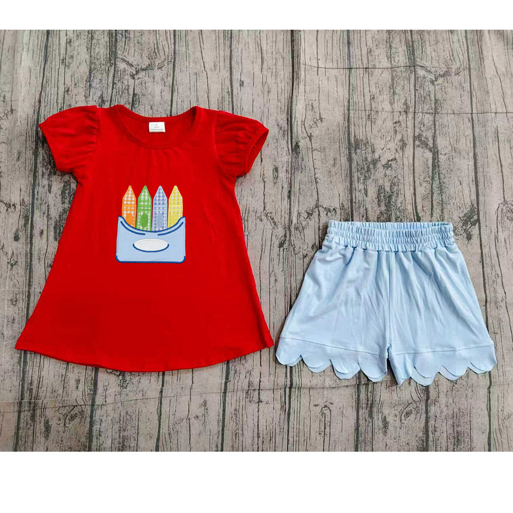 4.7 GSSO3727 Preorder Pen Red Top Blue Scallop Shorts Girls Back to School Clothes Set
