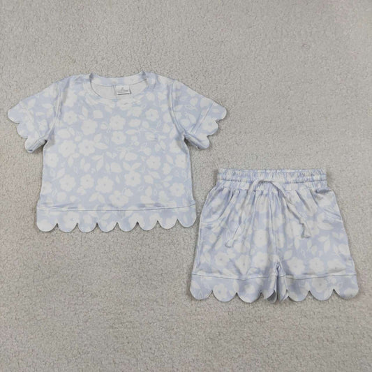 GSSO3730 Flowers Print Pockets Shorts Girls Summer Scallop Clothes Set