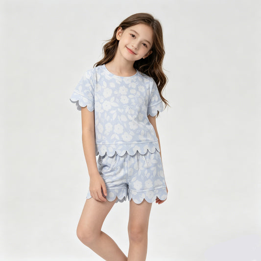 GSSO3730 Flowers Print Pockets Shorts Girls Summer Scallop Clothes Set