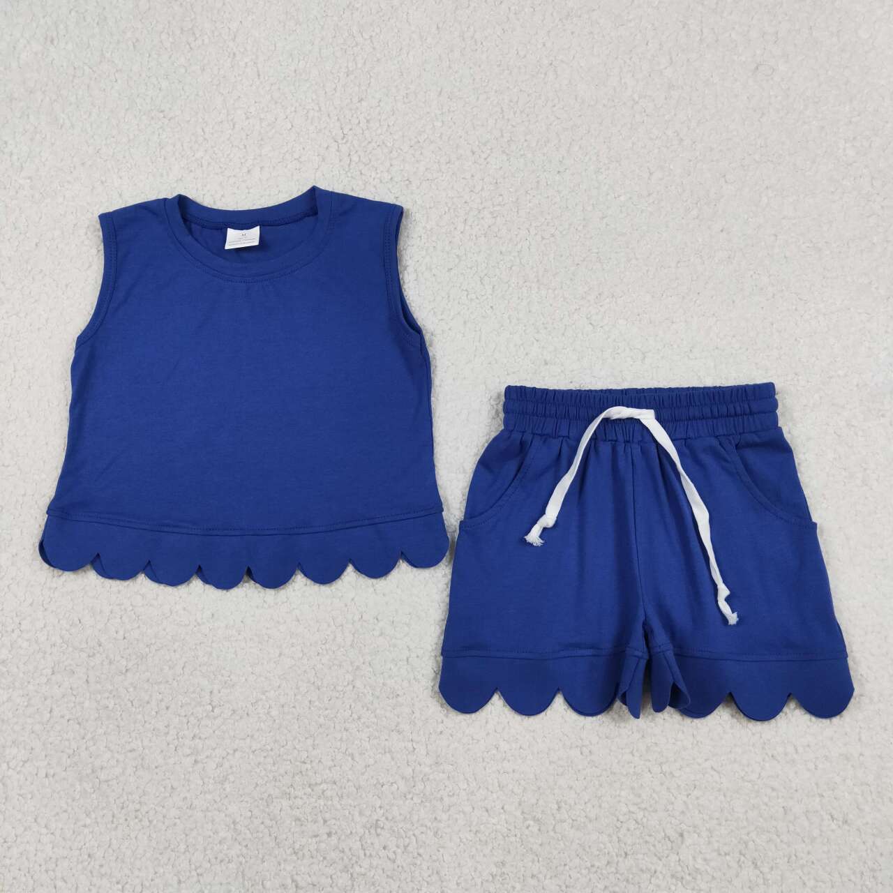 GSSO3732 Blue Cotton Tank Top Pockets Shorts Girls Summer Scallop Clothes Set