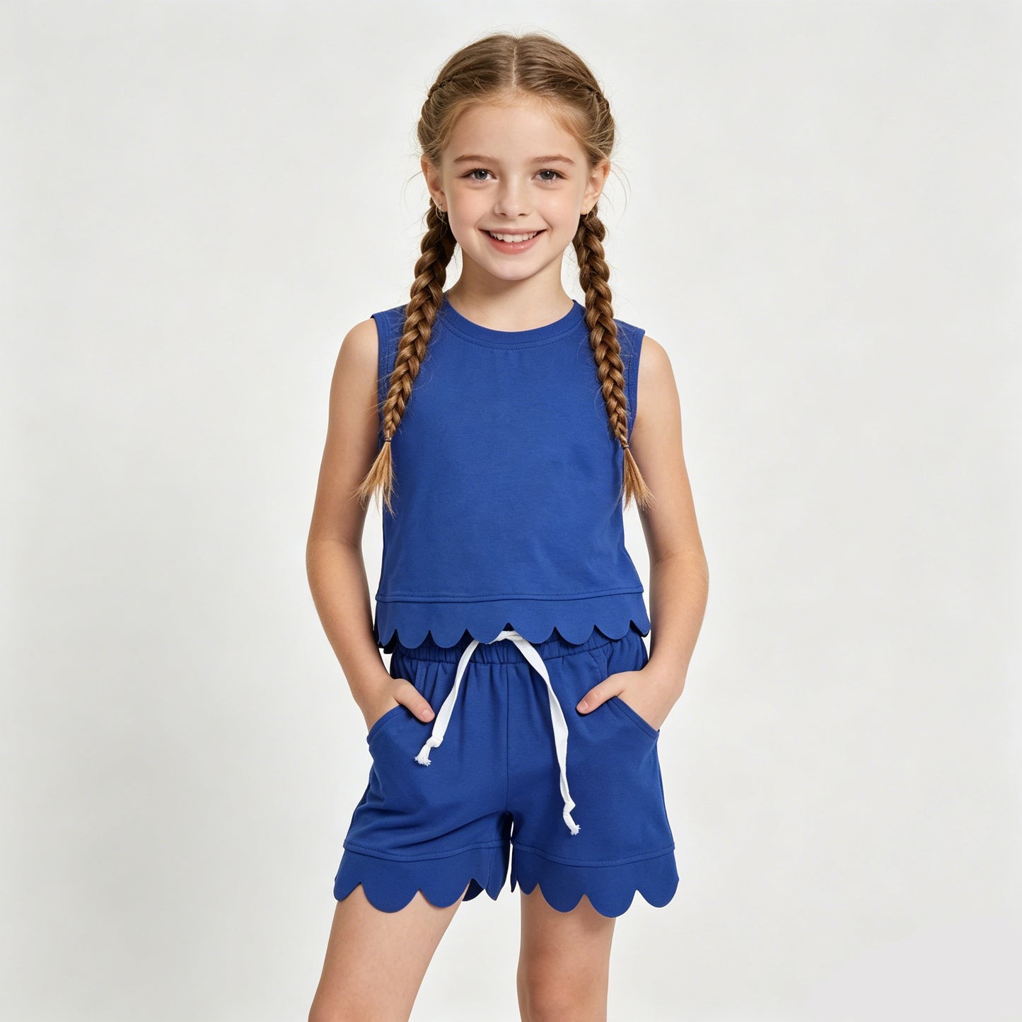 Mommy and Me Solid Color Cotton Scallop Set - Sleeveless Top & Shorts Outfit