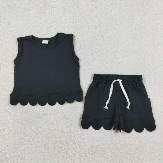 GSSO3733 Black Cotton Tank Top Pockets Shorts Girls Summer Scallop Clothes Set