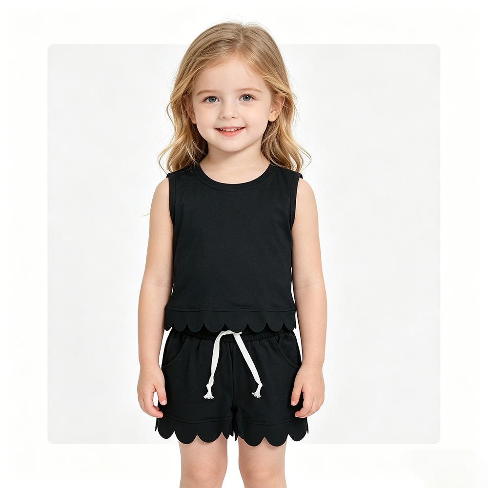 GSSO3733 Black Cotton Tank Top Pockets Shorts Girls Summer Scallop Clothes Set