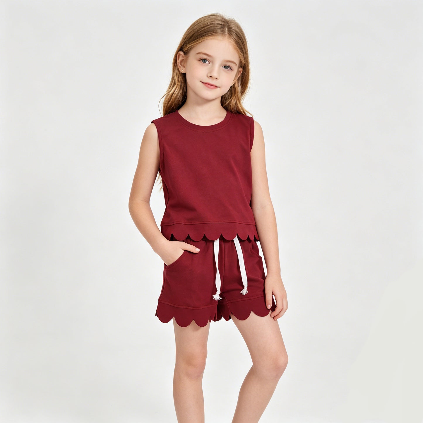Mommy and Me Red Solid Color Scallop Set - Sleeveless Top & Shorts Outfit