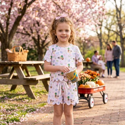 GSSO3737 Cute Mallard Duck Floral Scallop Edge Shorts Girls Summer Clothes Set