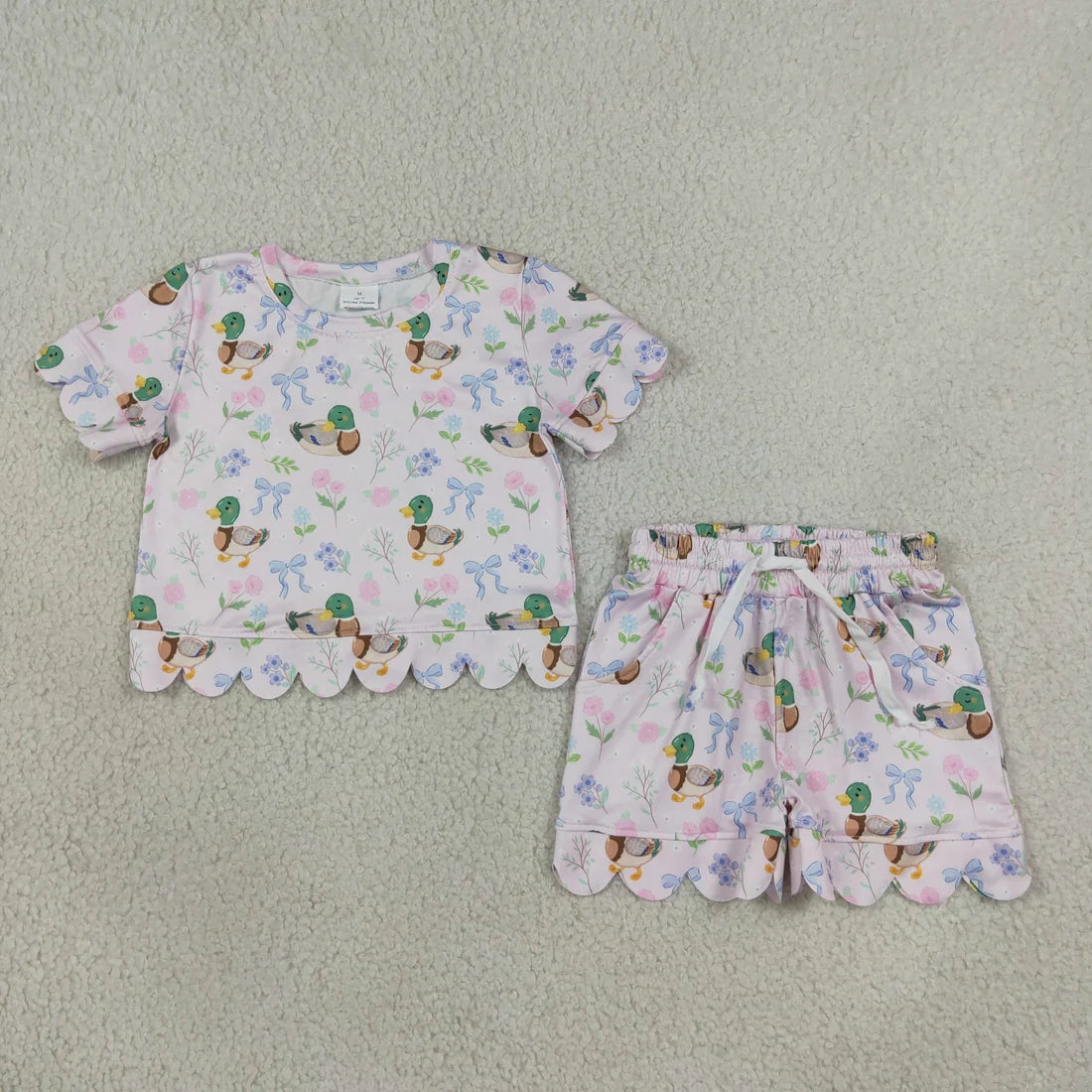 Sibling Baby Girls Flowers Bows Ducks Pink Scallop Shorts Set Zipper Romper