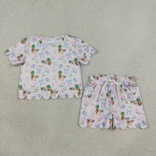 Sibling Baby Girls Flowers Bows Ducks Pink Scallop Shorts Set Zipper Romper