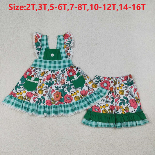 (Promotion)GSSO3738  Flowers Pockets Tunic Top Ruffle Shorts Girls Summer Clothes Set