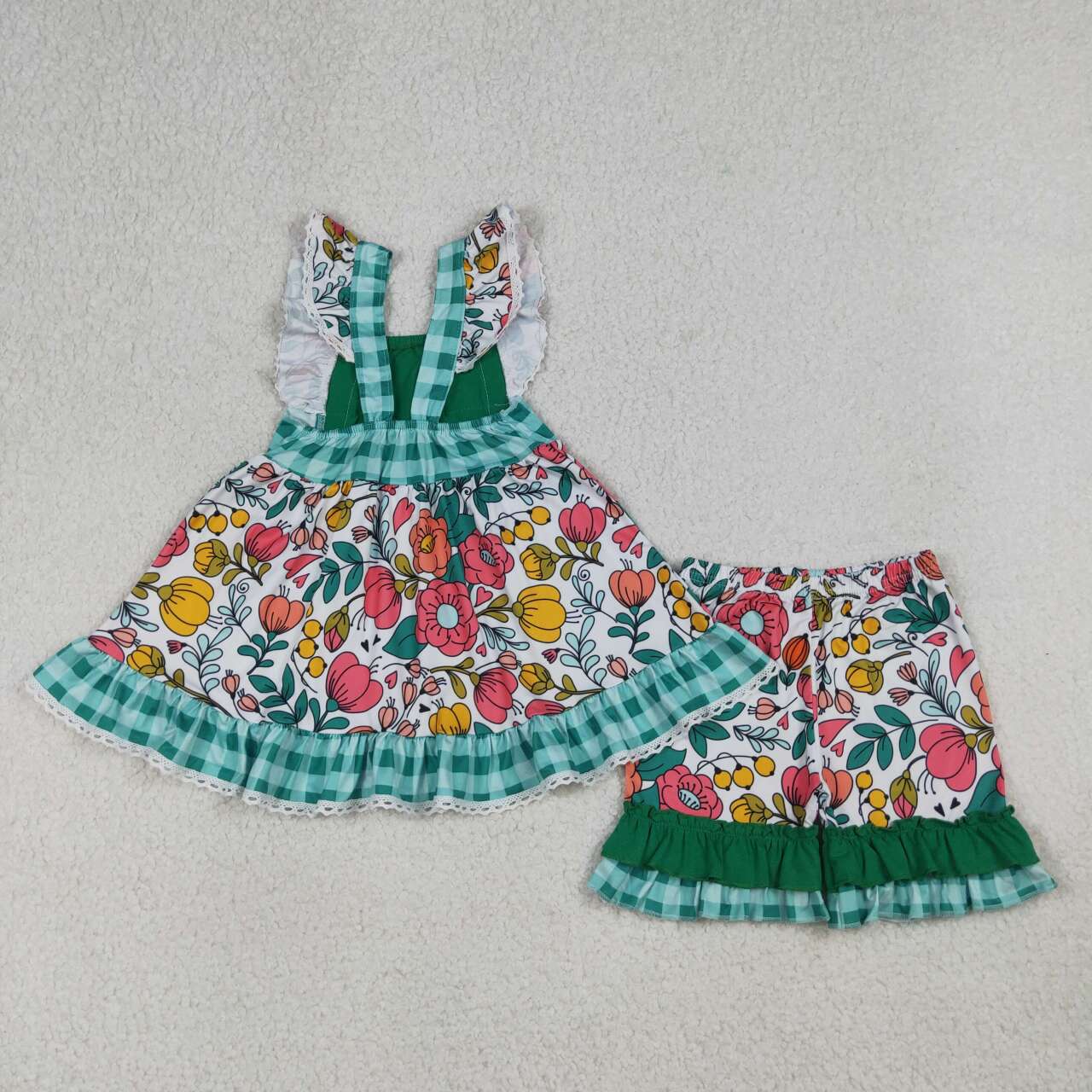 (Promotion)GSSO3738  Flowers Pockets Tunic Top Ruffle Shorts Girls Summer Clothes Set
