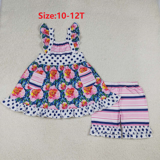 (Promotion)GSSO3739  Flowers Pockets Tunic Top Stripes Shorts Girls Summer Clothes Set