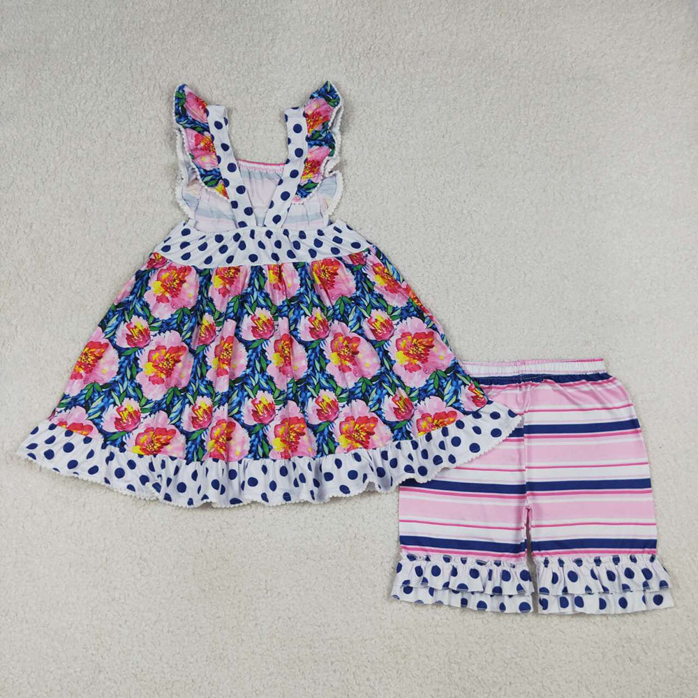 (Promotion)GSSO3739  Flowers Pockets Tunic Top Stripes Shorts Girls Summer Clothes Set