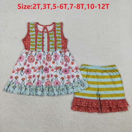 (Promotion)GSSO3740  Flowers Sleeveless Tunic Top Ruffle Shorts Girls Summer Clothes Set