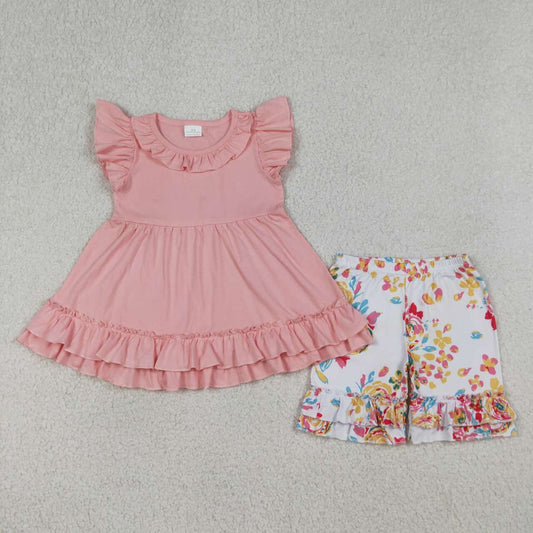 (Promotion)GSSO3743  Pink Ruffle Tunic Top Flowers Shorts Girls Summer Clothes Set
