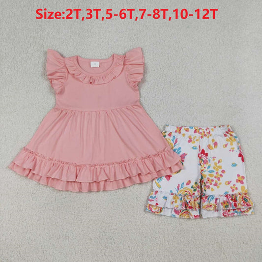 (Promotion)GSSO3743  Pink Ruffle Tunic Top Flowers Shorts Girls Summer Clothes Set